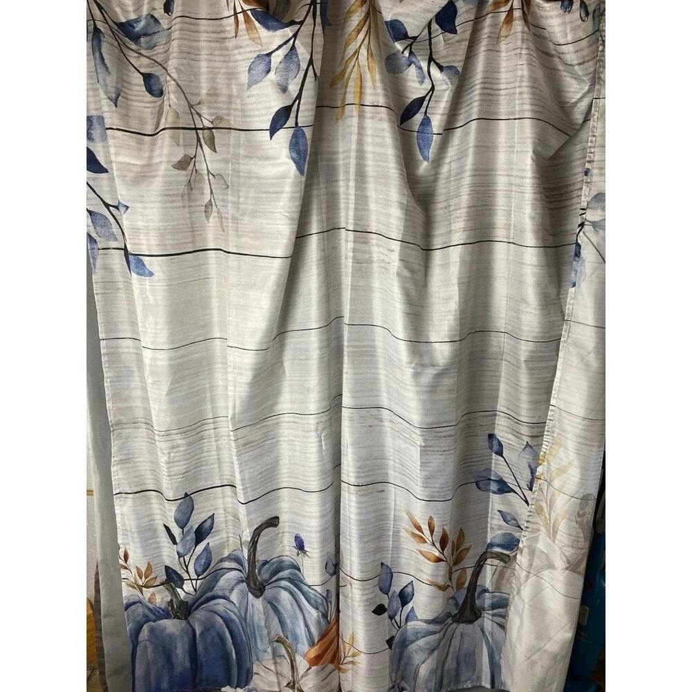 Fall Leaves And Blue Pumpkins Fabric Shower Curtain & Hooks 72X71
